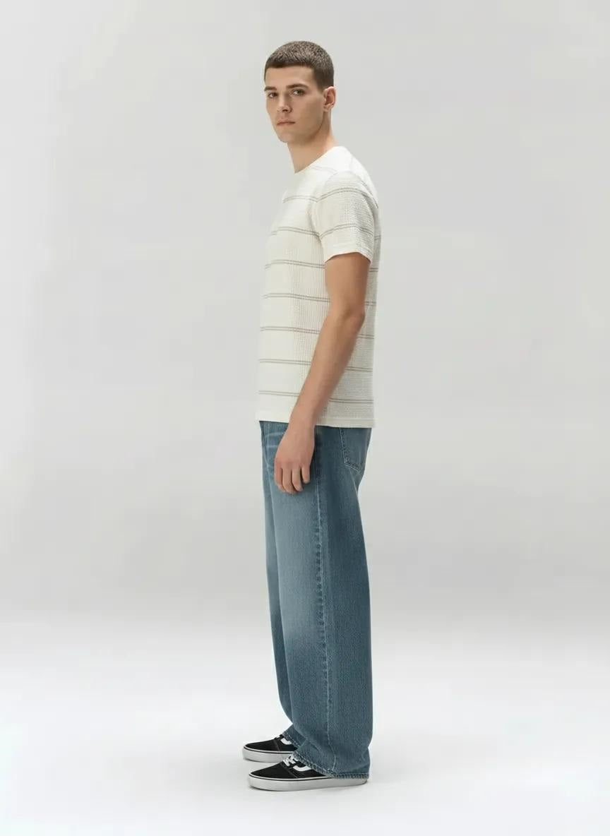 Men Off White Striped Round Neck T-shirt
