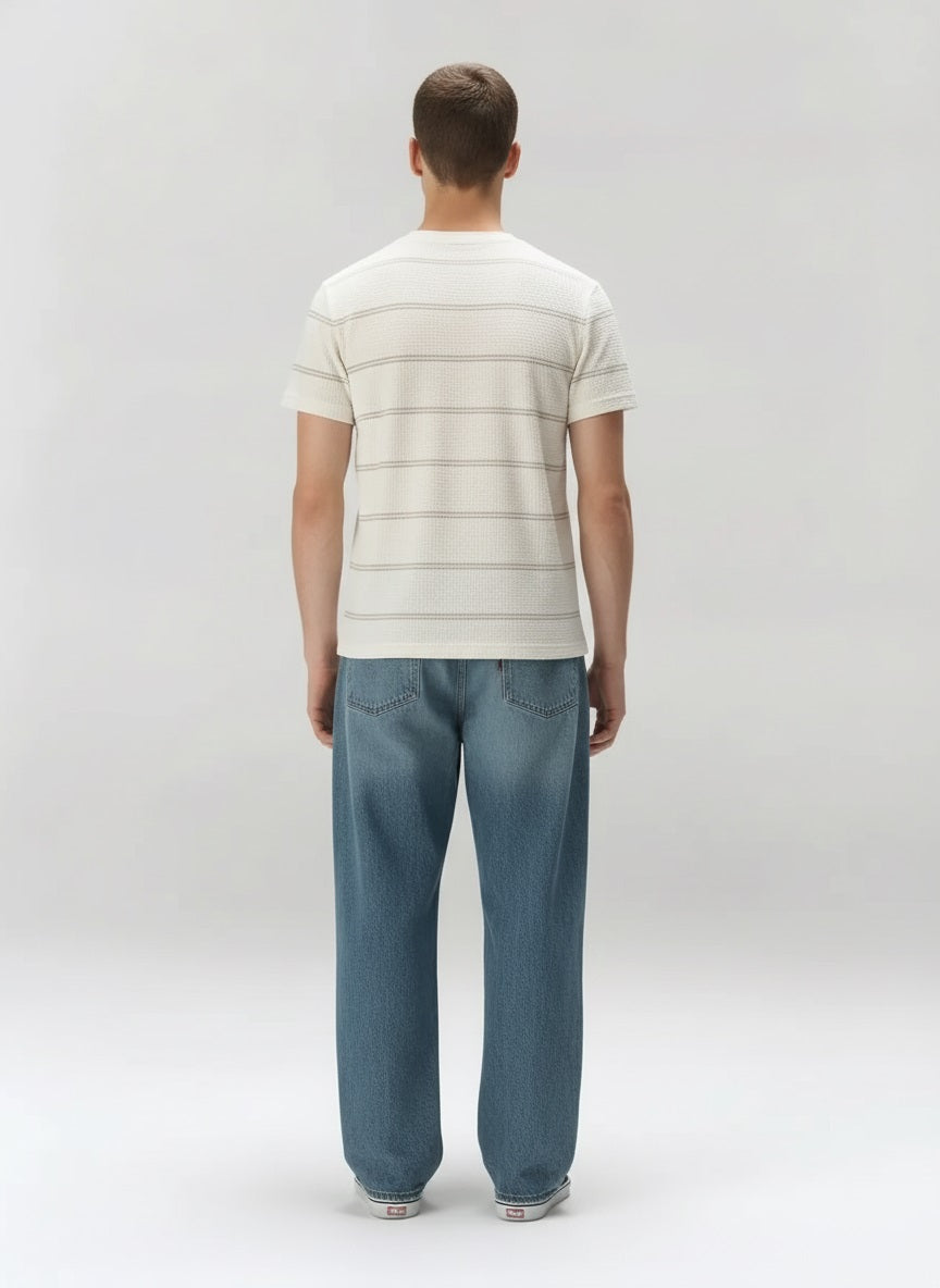 Men Off White Striped Round Neck T-shirt