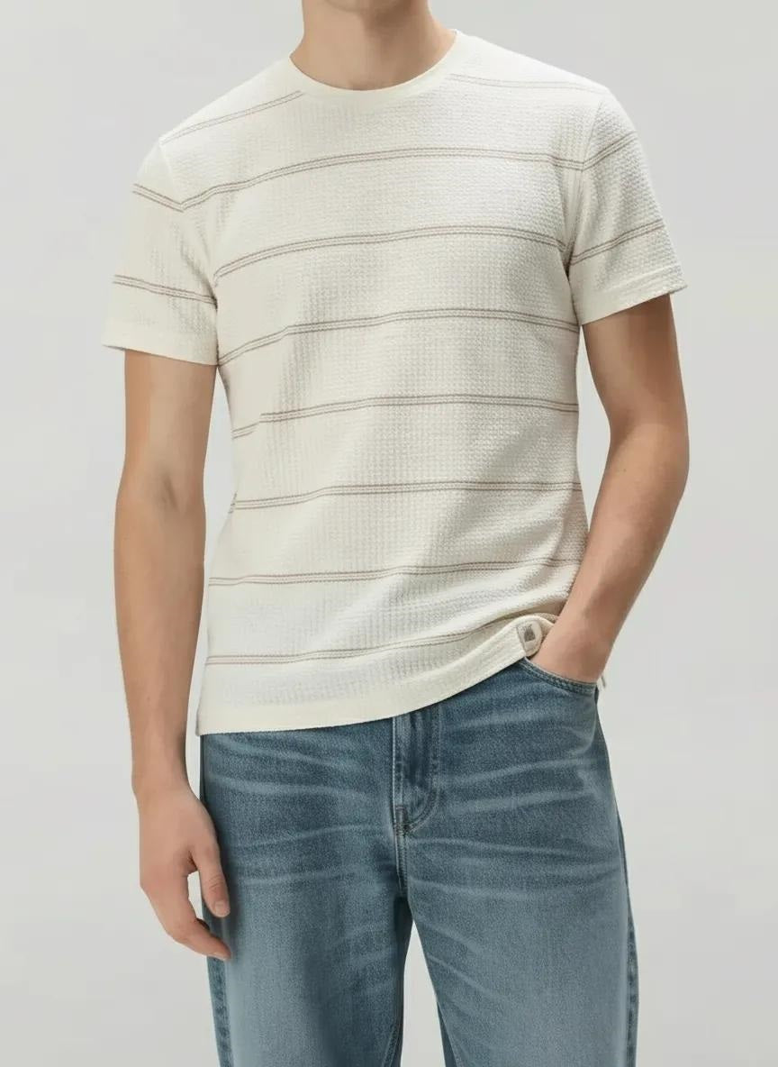 Men Off White Striped Round Neck T-shirt