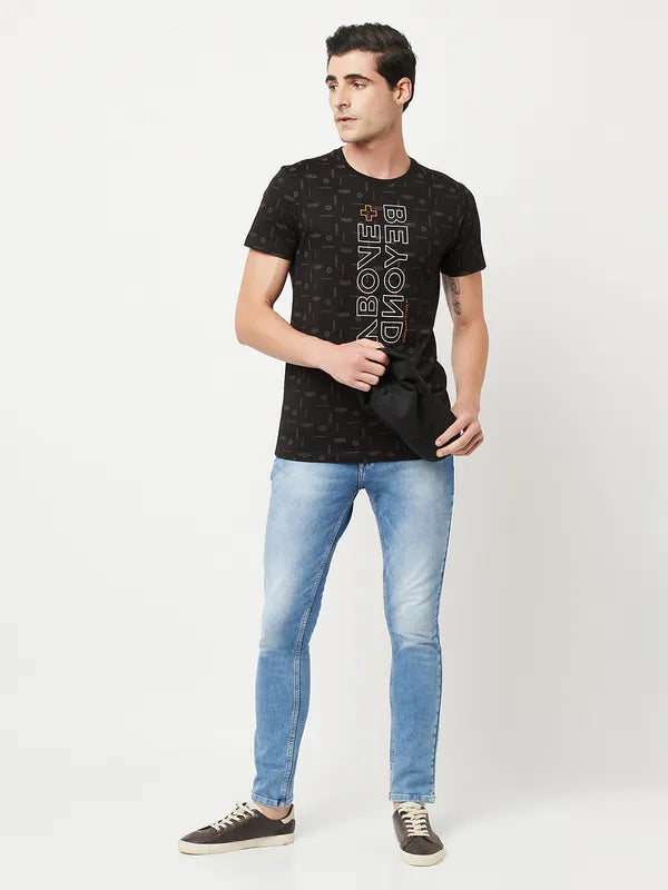 Octave Men Black Typography Printed Raw Edge T-Shirt