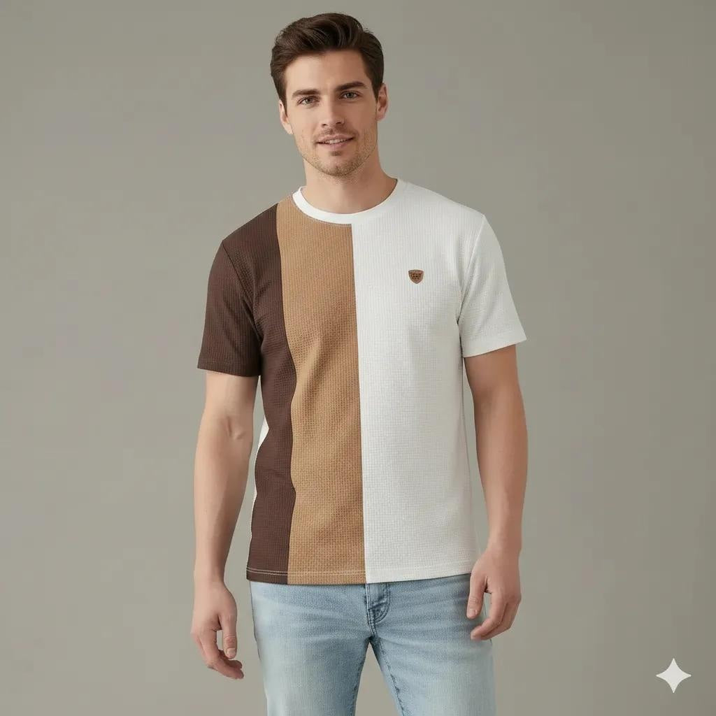 Men Coffee Colourblocked Round Neck T-shirt