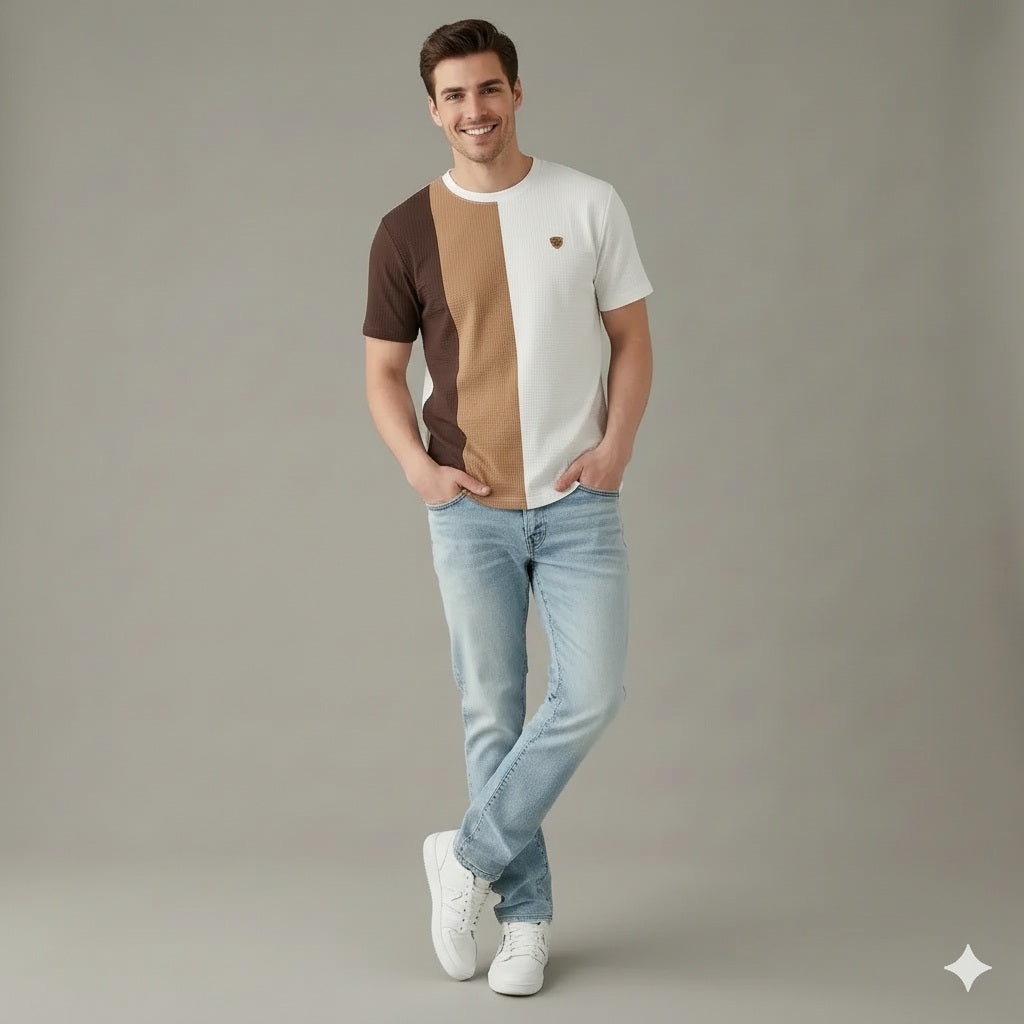 Men Coffee Colourblocked Round Neck T-shirt
