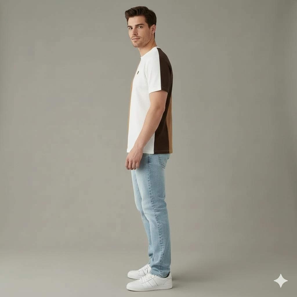 Men Coffee Colourblocked Round Neck T-shirt