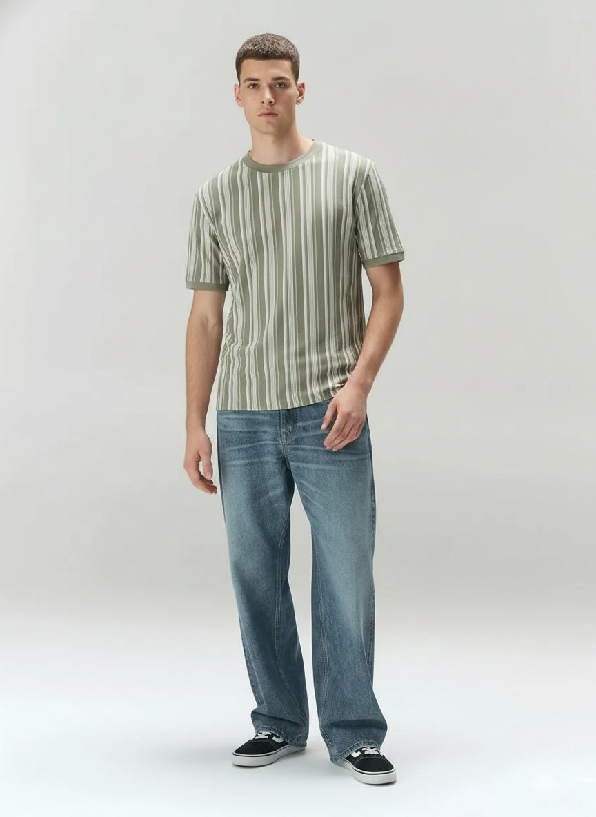 Men Desert Sage Striped Round Neck T-shirt