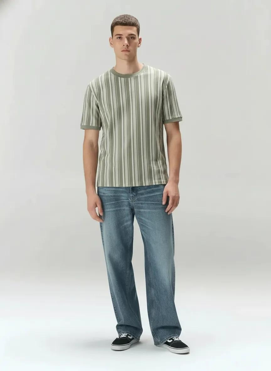 Men Desert Sage Striped Round Neck T-shirt