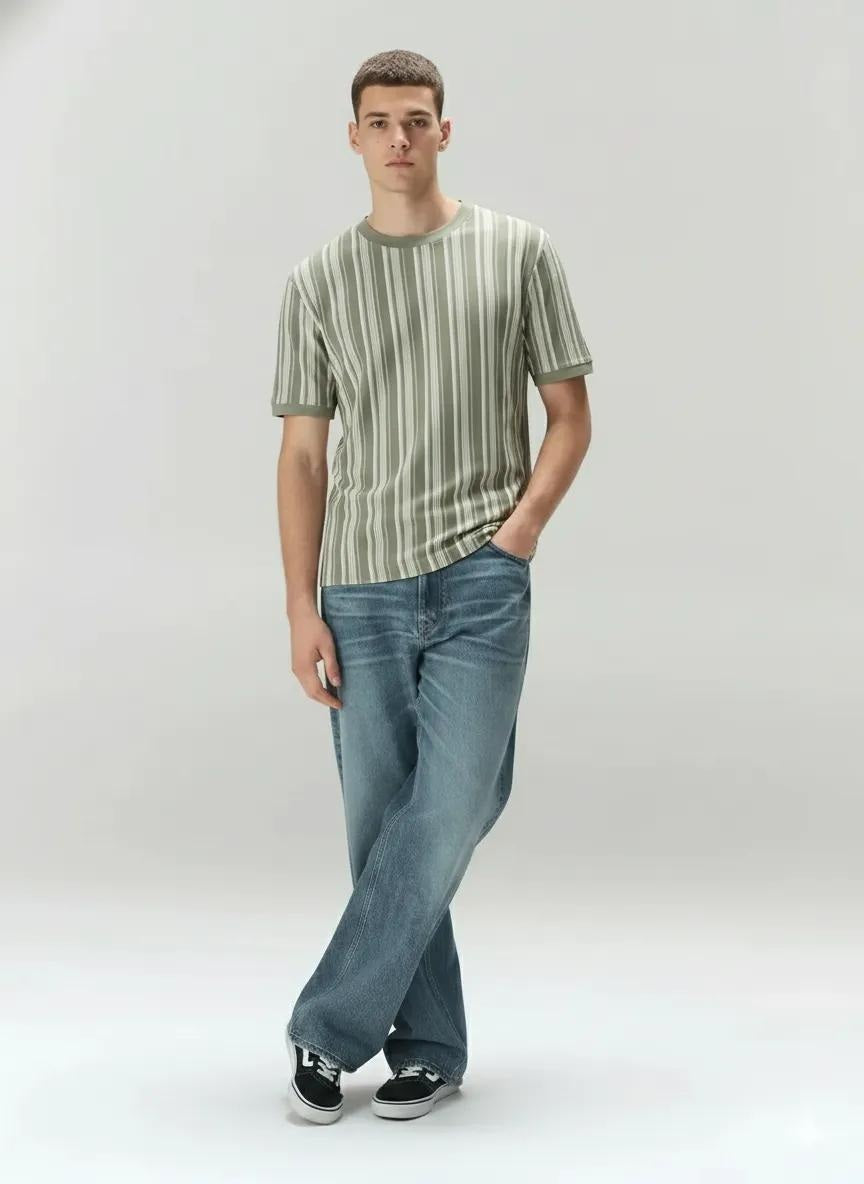 Men Desert Sage Striped Round Neck T-shirt