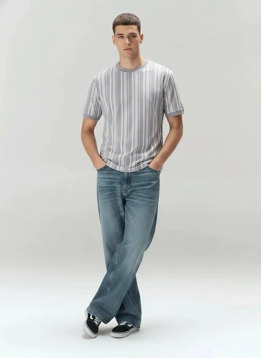 Men Lilac Striped Round Neck T-shirt