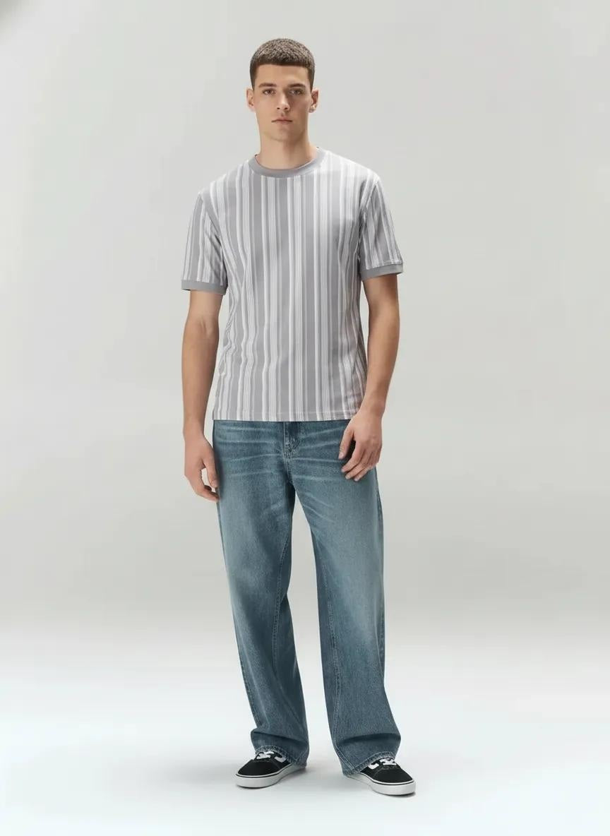 Men Lilac Striped Round Neck T-shirt
