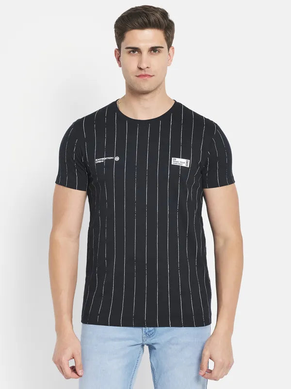 Octave Men Navy Blue Striped Applique T-Shirt