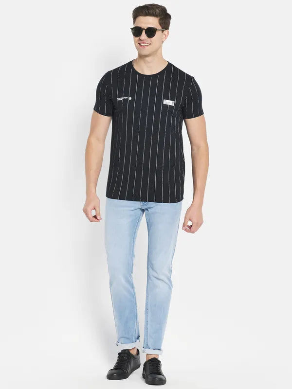 Octave Men Navy Blue Striped Applique T-Shirt