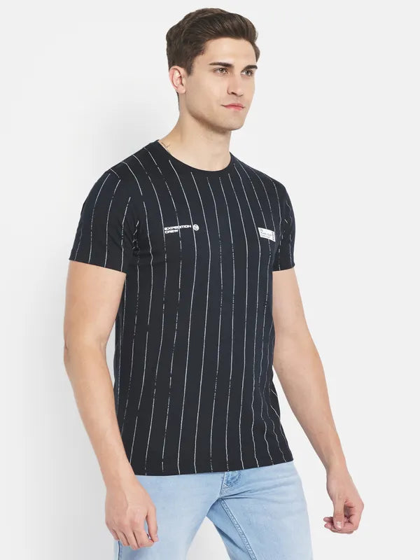 Octave Men Navy Blue Striped Applique T-Shirt