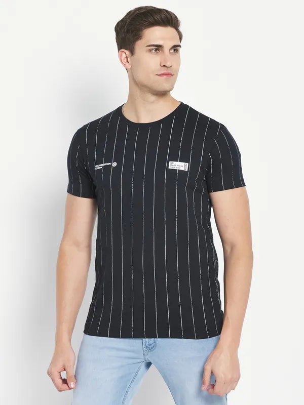 Octave Men Navy Blue Striped Applique T-Shirt