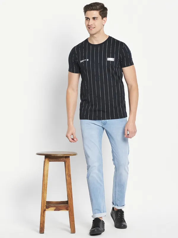 Octave Men Navy Blue Striped Applique T-Shirt