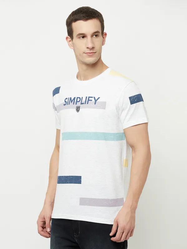Octave Men White Typography Striped Applique T-Shirt