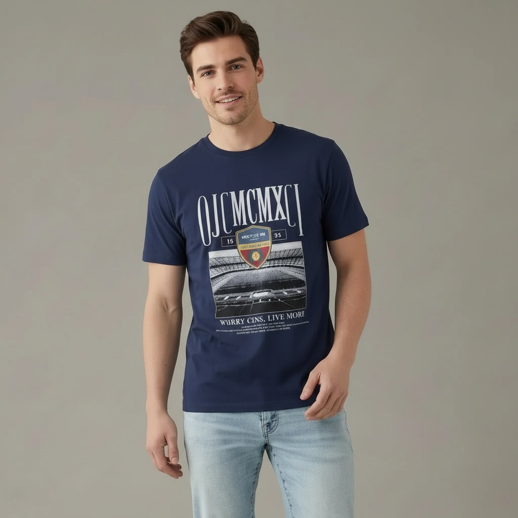 Men Navy Round Neck Printed T-shirt