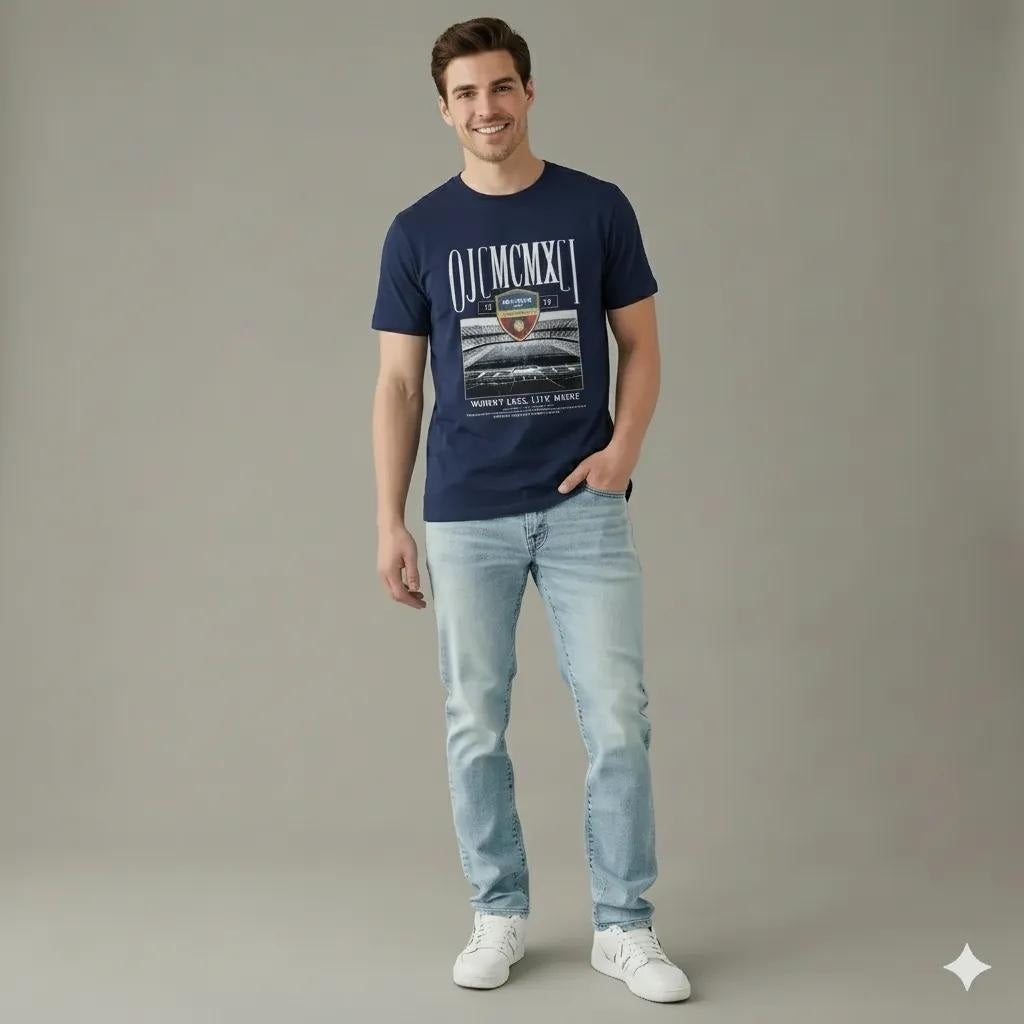 Men Navy Round Neck Printed T-shirt