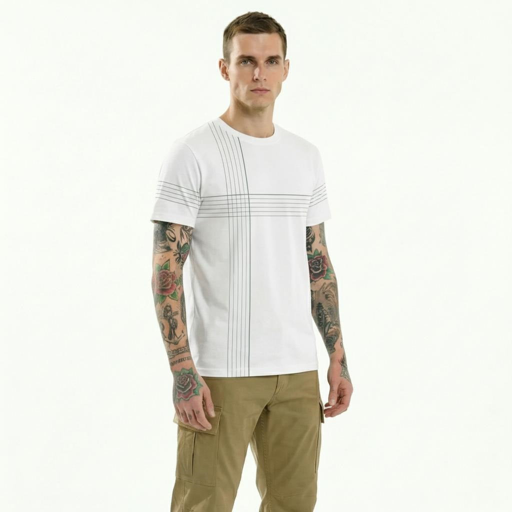 Men Off White Striped Round Neck T-shirt