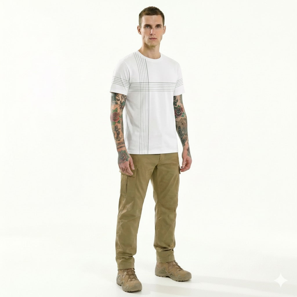 Men Off White Striped Round Neck T-shirt