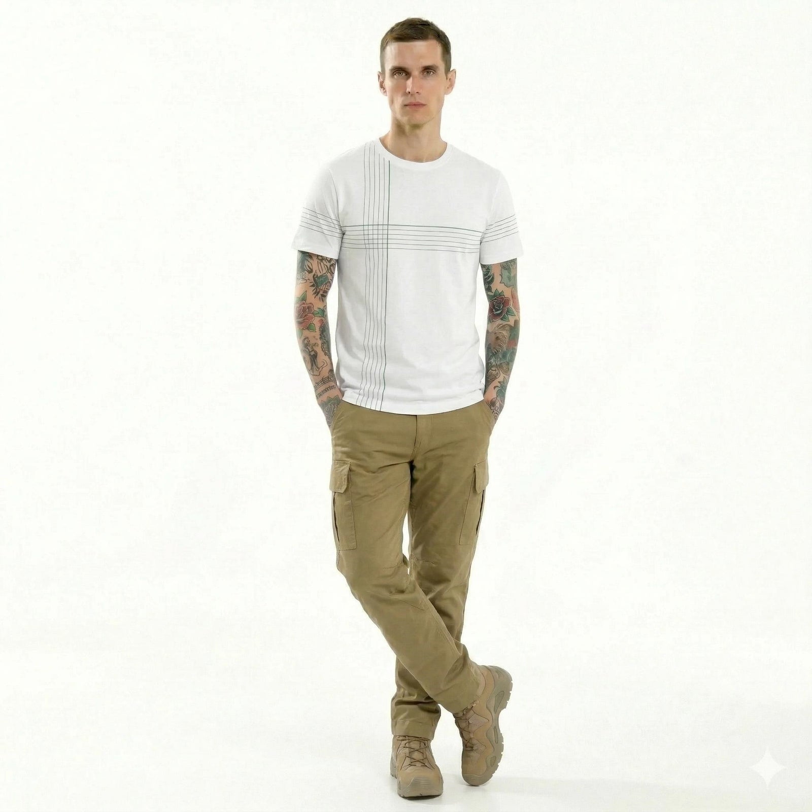 Men Off White Striped Round Neck T-shirt