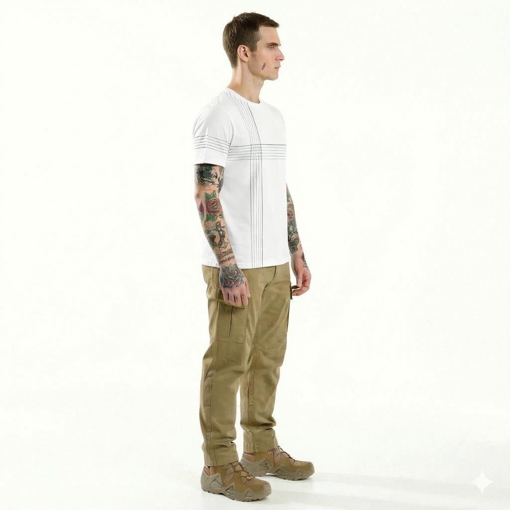 Men Off White Striped Round Neck T-shirt