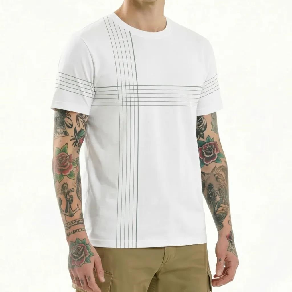 Men Off White Striped Round Neck T-shirt