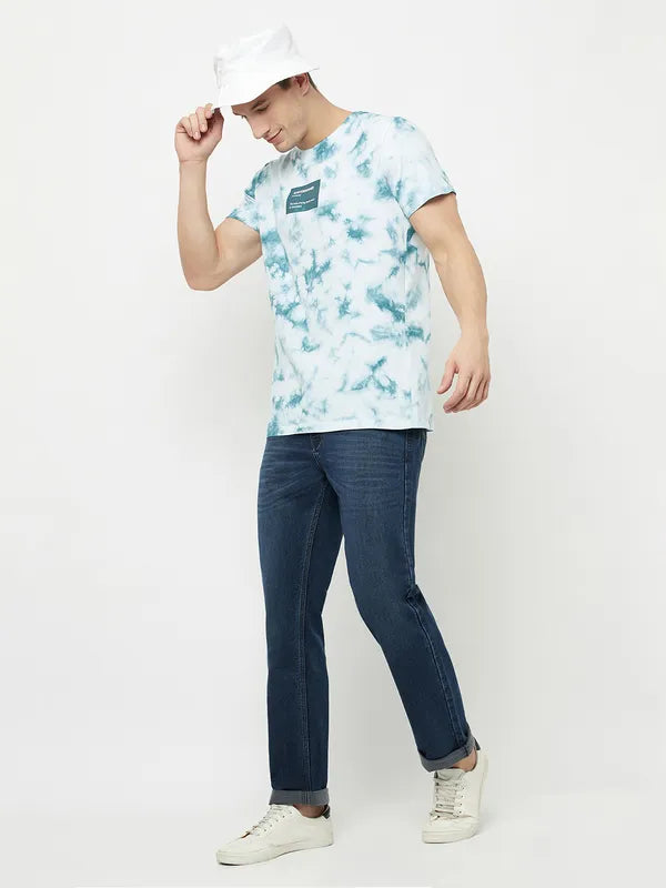 Octave Men Blue Printed Raw Edge T-Shirt