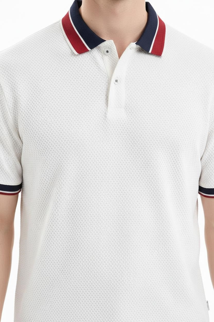 Men Off White Polo Collar T-shirt