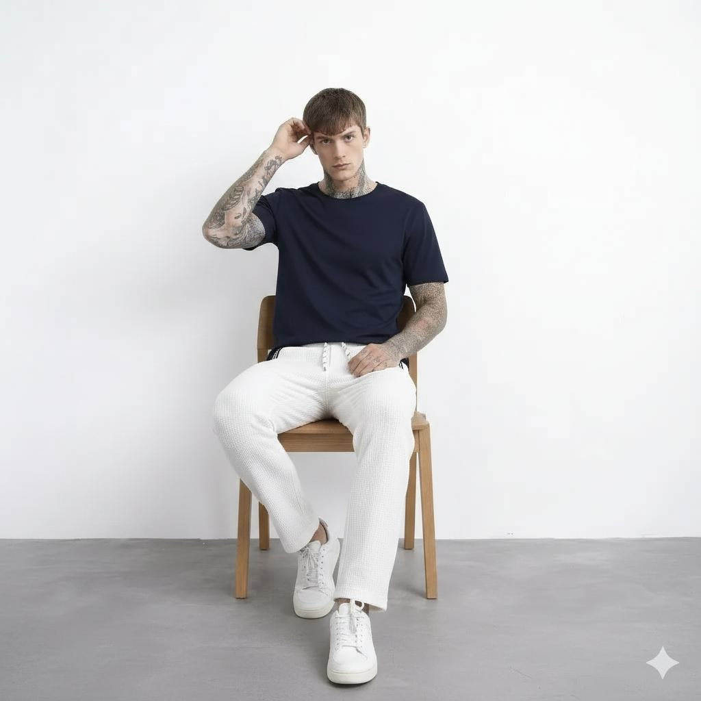Men Off White Regular Fit Textured Joggers