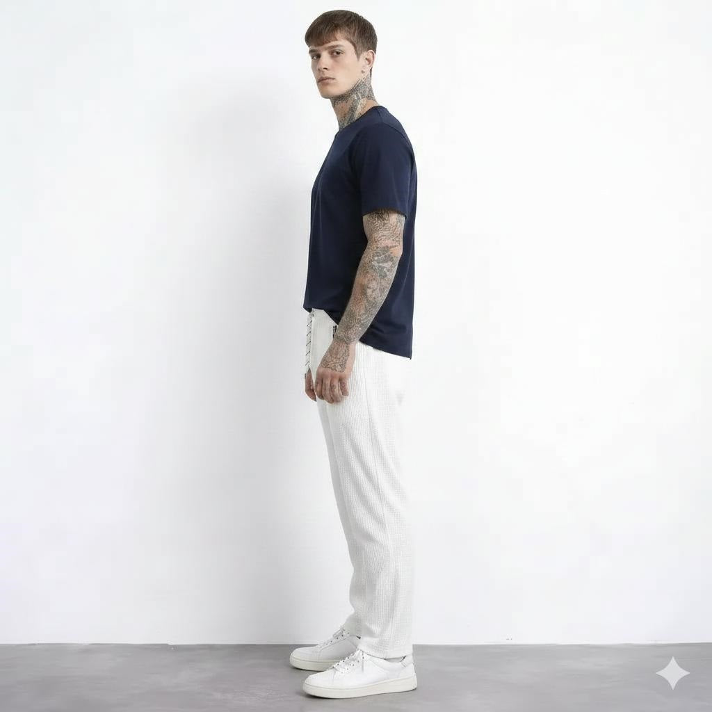 Men Off White Regular Fit Textured Joggers