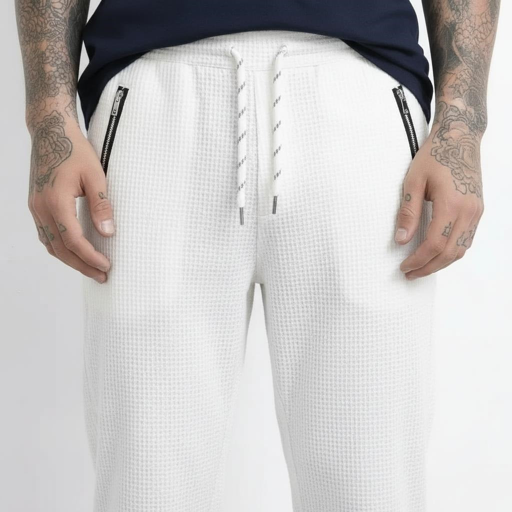 Men Off White Regular Fit Textured Joggers