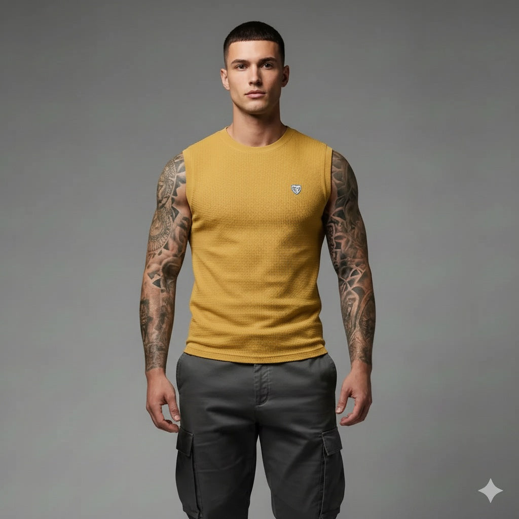 Men Mustard Solid Round Neck T-shirt