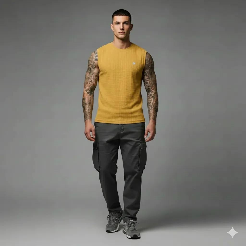 Men Mustard Solid Round Neck T-shirt