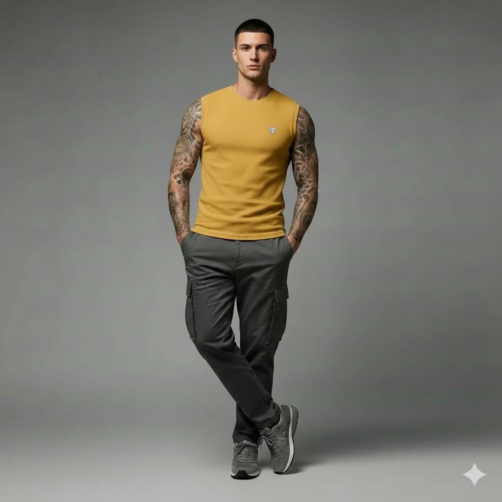 Men Mustard Solid Round Neck T-shirt