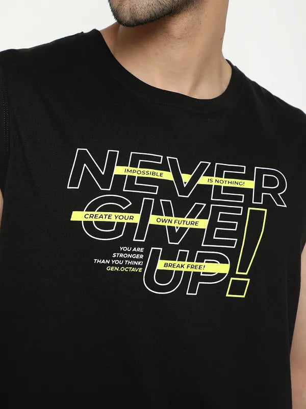 Octave Typography Printed Sleeveless Cotton T-Shirt