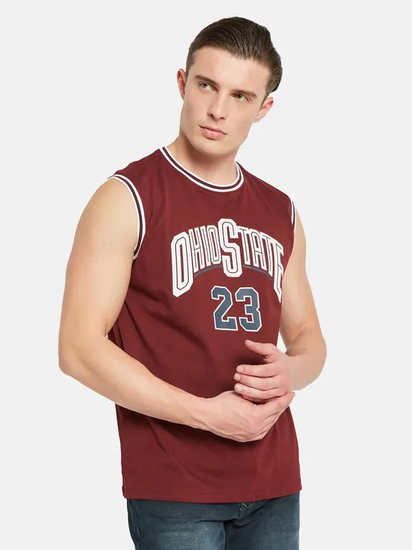 Octave Varsity Printed Round Neck Sleeveless Cotton Casual T-Shirt