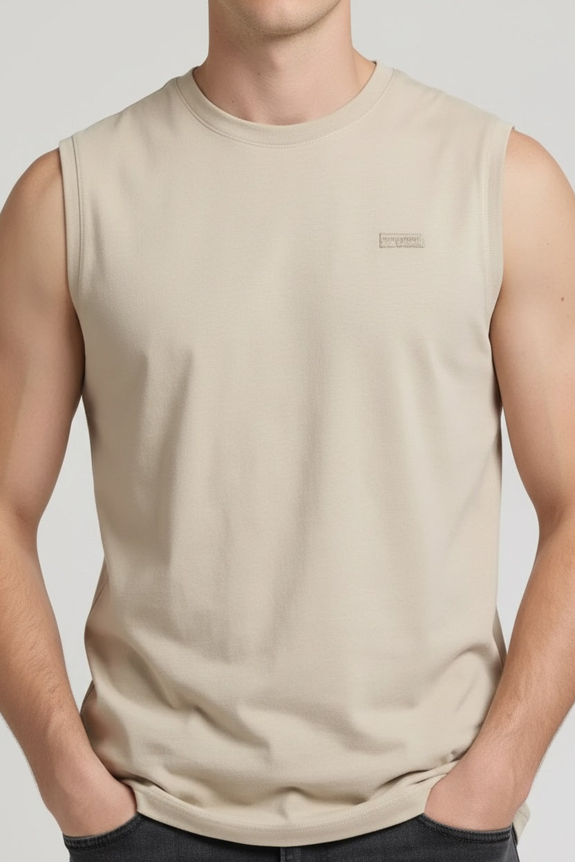 Men Brown Rice Solid Round Neck T-shirt