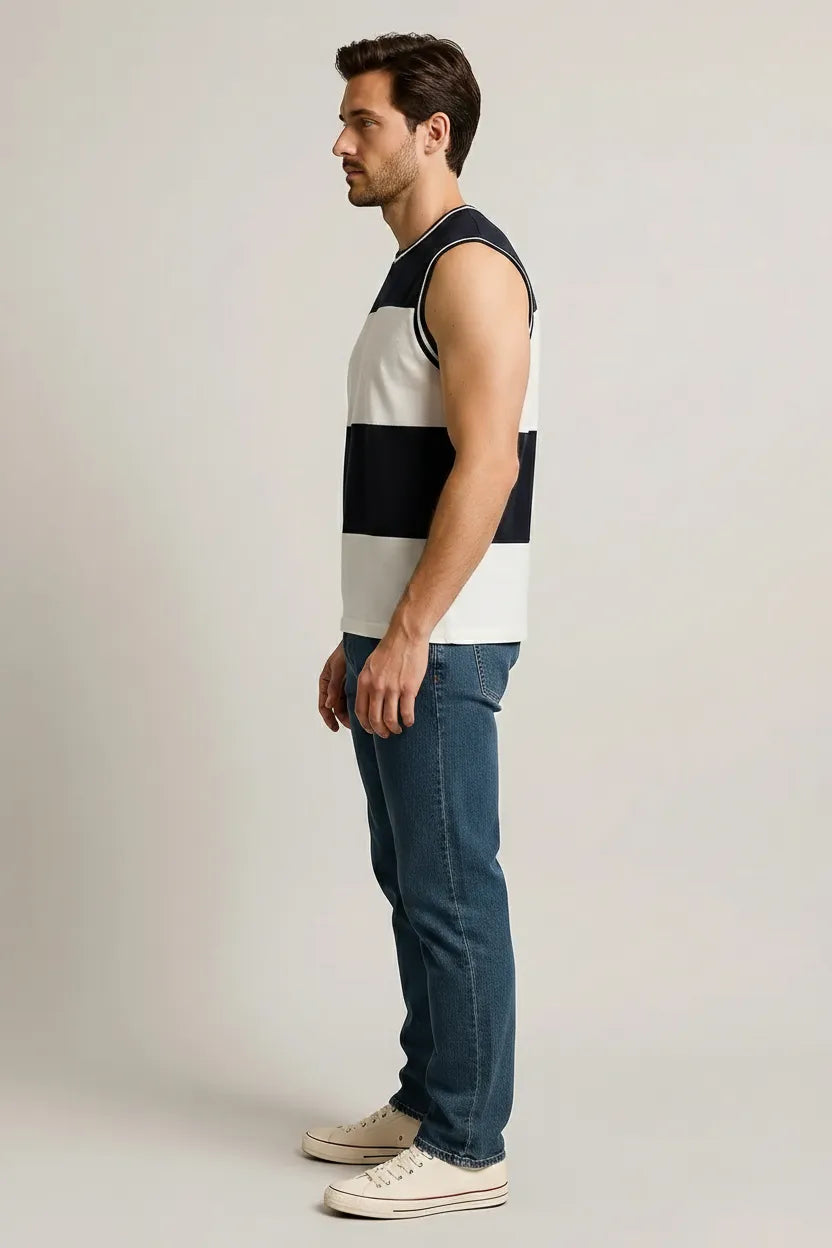 Men Navy Striped T-shirt