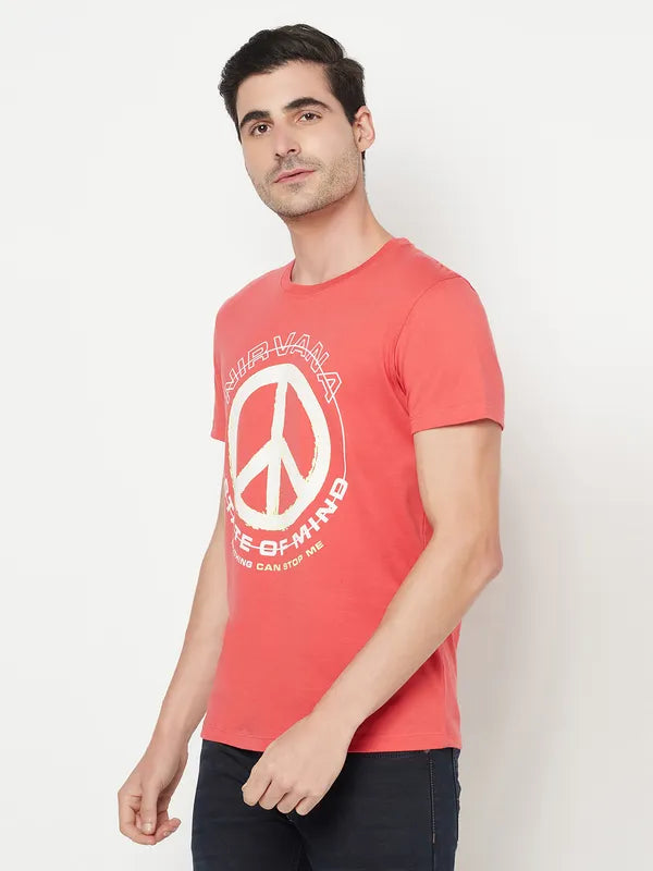 Octave Men Coral Red Typography Printed Cotton T-Shirt