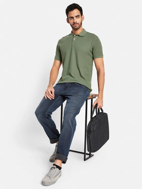 Octave Men Olive Green Polo Collar Pockets T-Shirt