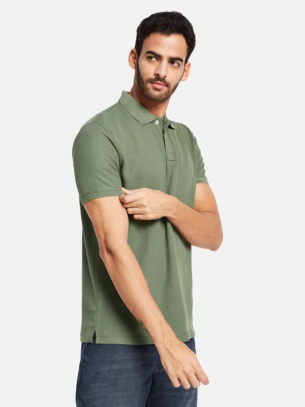 Octave Men Olive Green Polo Collar Pockets T-Shirt