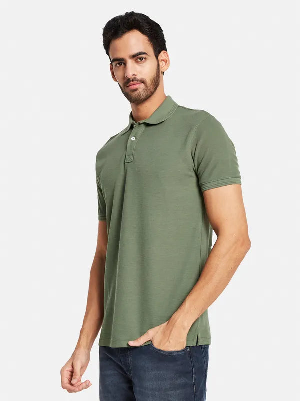 Octave Men Olive Green Polo Collar Pockets T-Shirt