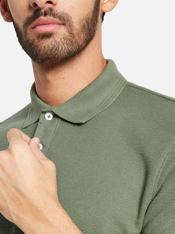 Octave Men Olive Green Polo Collar Pockets T-Shirt