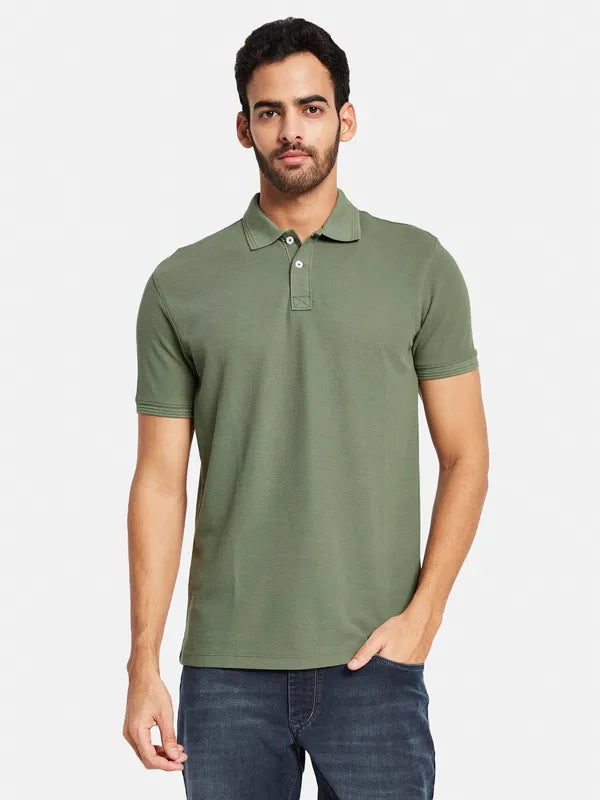 Octave Men Olive Green Polo Collar Pockets T-Shirt