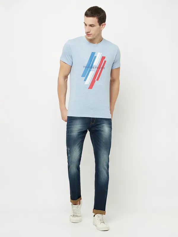 Octave Men Blue Printed Applique T-Shirt