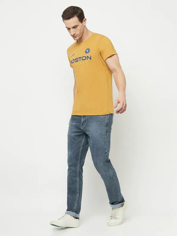 Octave Men Yellow  Honey Gold Typography Printed Applique T-Shirt