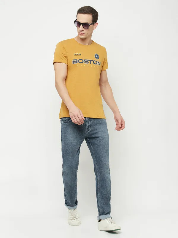 Octave Men Yellow  Honey Gold Typography Printed Applique T-Shirt
