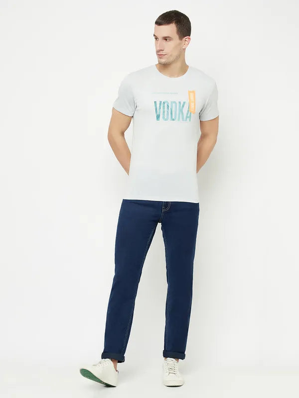 Octave Men Grey Typography Printed Applique T-Shirt
