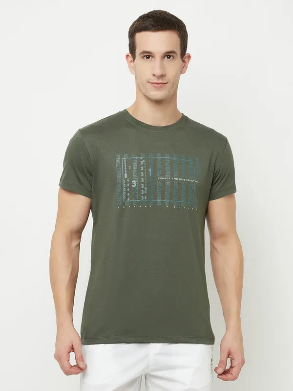 Octave Men Olive Green Typography Printed T-Shirt