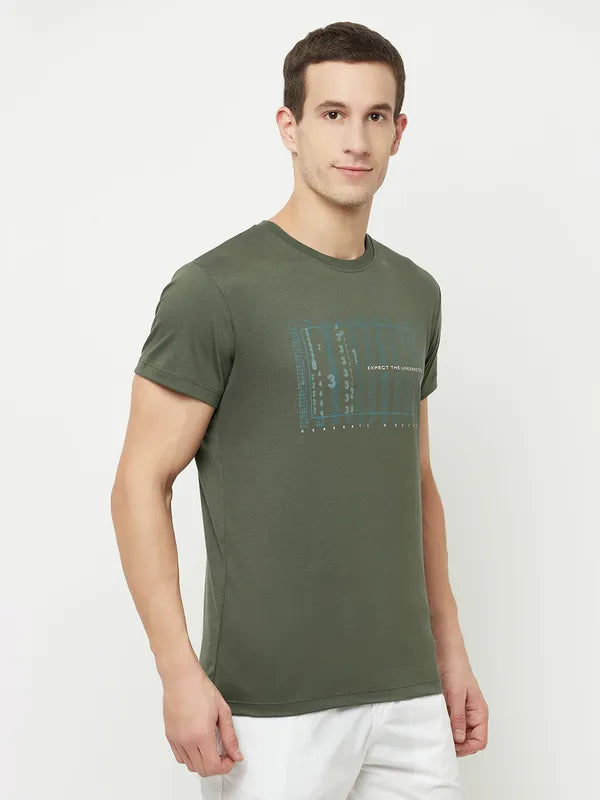 Octave Men Olive Green Typography Printed T-Shirt