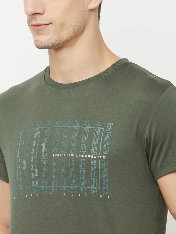 Octave Men Olive Green Typography Printed T-Shirt